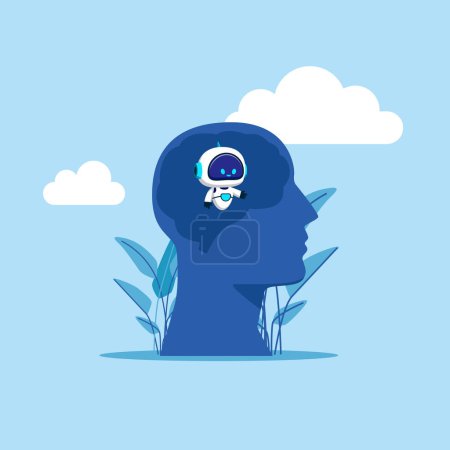 Illustration for Robot with artificial intelligence  in the male brain. Silhouettes of thought images. Modern vector illustration in flat style - Royalty Free Image
