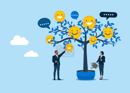 Illustration for Businesspeople picking positive feedback from tree. Good review, good reputation, high ratings. Modern vector illustration in flat style - Royalty Free Image
