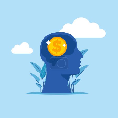 Illustration for Money in the male brain. Silhouettes of thought images. Modern vector illustration in flat style - Royalty Free Image