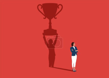 Illustration for Businesswoman dreams of award for winning business success. Confident handsome young girl standing winner shadow. Flat vector illustration - Royalty Free Image