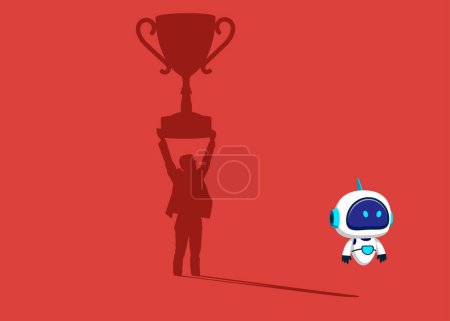 Illustration for Robot with artificial intelligence  dreams of t award for winning business success. Confident handsome young man standing winner shadow. Flat vector illustration - Royalty Free Image