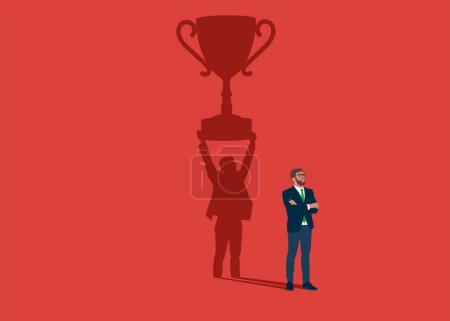 Illustration for Businessman dreams of award for winning business success. Confident handsome young man standing winner shadow. Flat vector illustration - Royalty Free Image