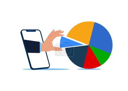 Illustration for Investment asset allocation and rebalance. Arrange pie chart with smartphone. Flat vector illustration - Royalty Free Image