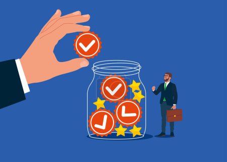 Illustration for Businessman collect Quality Control to check quality and giving certified into Glass Jar. Flat vector illustration - Royalty Free Image