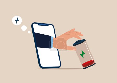 Illustration for Through the smartphone tried to prevent a large battery from falling over it. Fight burnout at work. Recharge energy yourself. Flat vector illustration - Royalty Free Image