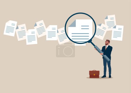 Illustration for Businessman holding magnifying glass. Looking through candidates resume in search. Company staff recruitment concept. Flat vector illustration - Royalty Free Image