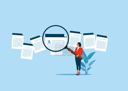 Illustration for Woman holding magnifying glass. Looking through candidates resume in search. Company staff recruitment concept. Vector illustration - Royalty Free Image