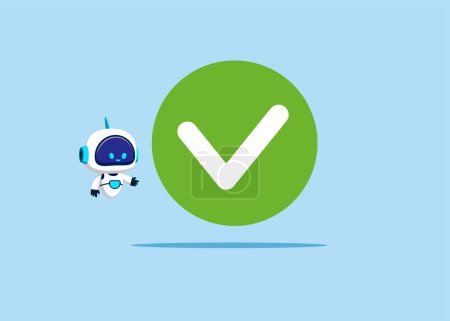 Robot  with artificial intelligence and with Accept button. Flat vector illustration