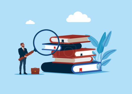 Illustration for Businessman with magnifying glass and stack of colorful books.  Education, reading, knowledge and search concept. Read to Know. Vector illustration - Royalty Free Image