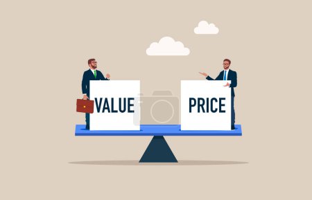 Illustration for Weight scales weighing  with value and price text. Equal weight business team. Negotiation for business, agreement, merger and acquisition. Vector illustration. - Royalty Free Image