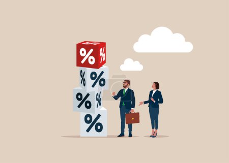 Business people stand near a red and white cube with percentage symbol. Interest, financial and mortgage rates.
