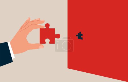 Illustration for Hand businessman keeps puzzle. Wrong solution business. Insufficient size of jigsaw puzzle. problem challenge. Vector illustration - Royalty Free Image