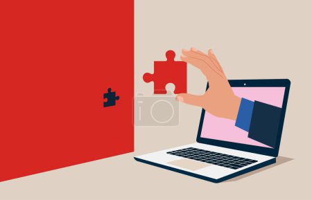 Illustration for Businessman through the laptop keeps  puzzle. Wrong solution business. Insufficient size of jigsaw puzzle. problem challenge. Vector illustration - Royalty Free Image