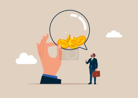 Illustration for Money talks. Human hands keeps speech bubble filled with metal dollar coins. Business, Company, Funds, gold. Vector illustration. - Royalty Free Image