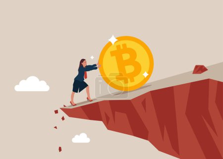 Ilustración de Mujer inversora empujar Bitcoin de caer por el acantilado. Empujar Bitcoin evitar la caída del precio, riesgo de criptomoneda. Ilustración vectorial - Imagen libre de derechos