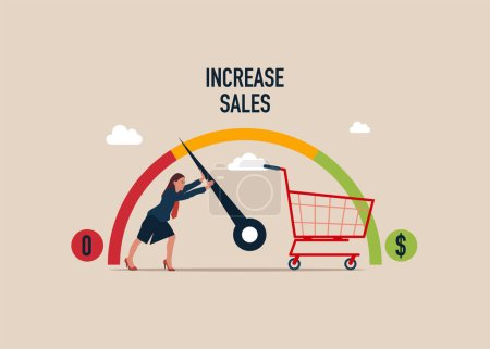 Increasing sales increase make business grow. Woman pulls to maximum position progress bar with shopping basket. Vector illustration