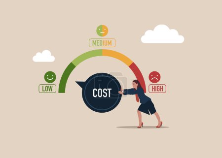 Illustration for Woman turning cost dial to a low. Cost cutting and efficiency concept.  Vector illustration - Royalty Free Image