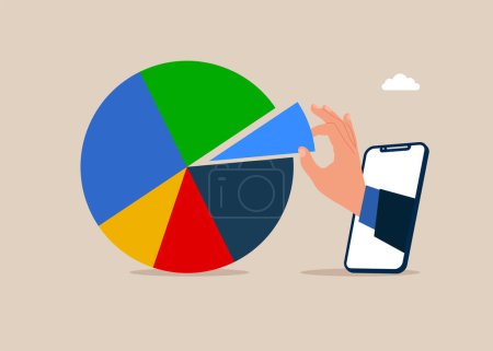 Illustration for Smartphone arrange pie chart as suitable for risk and return. Investment asset allocation and rebalance. Vector illustration - Royalty Free Image