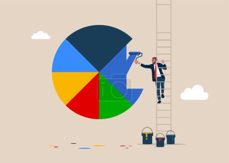 Illustration for Businessman climb up stepladder to paint a pie chart. Rebalancing investment portfolio to suitable for risk and return. Investment asset allocation and rebalance. Vector illustration. - Royalty Free Image