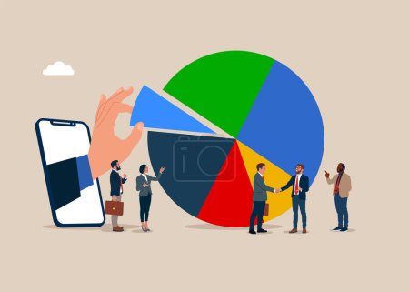 Illustration for Business people arrange pie chart as suitable for risk and return. Investment asset allocation and rebalance. Flat vector illustration - Royalty Free Image