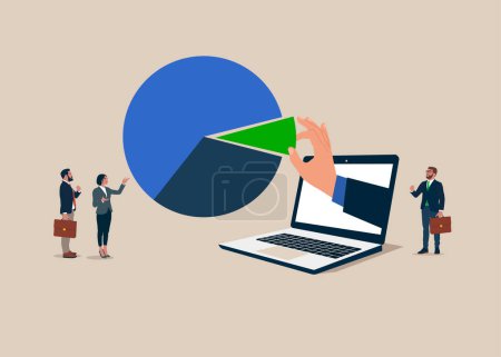 Illustration for Computer and business people arrange pie chart as suitable for risk and return. Investment asset allocation and rebalance. Vector illustration - Royalty Free Image