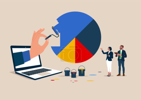 Illustration for Business people painting with special roller repair equipment a pie chart. Investment asset allocation and rebalance. V - Royalty Free Image