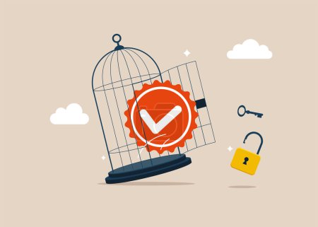 Illustration for Quality Control with key free himself from cage. Quality Control to check quality and giving certified. Modern vector illustration in flat style - Royalty Free Image