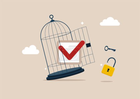 Illustration for Completed checkbox with key free himself from cage. Agreement to deliver, leadership skill. Vector illustration - Royalty Free Image