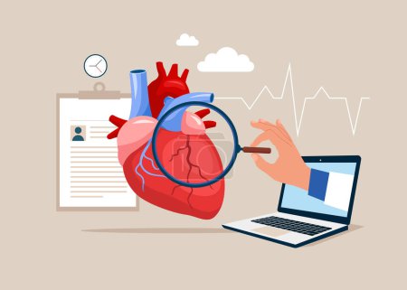Ilustración de Cardiólogo informático que estudia el modelo cardíaco y el diagrama de latidos cardíacos. Investigación de enfermedades cardíacas. Ilustración vectorial plana - Imagen libre de derechos