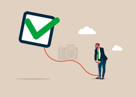 Illustration for Man pumps up a balloon of a checkbox shape floats higher. Global business investment. Modern vector illustration in flat style - Royalty Free Image