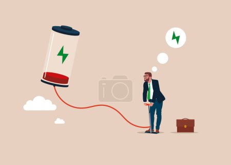 Illustration for Fight burnout at work. Businessman pumps up a balloon of a battery shape floats higher. - Royalty Free Image