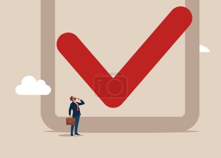 Illustration for Businessman look high at big checkbox. Global business investment. Flat vector illustration - Royalty Free Image