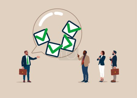 Illustration for Partners have lively discussion. Speech bubble filled with green checkboxs. Global business investment. Flat vector illustration - Royalty Free Image
