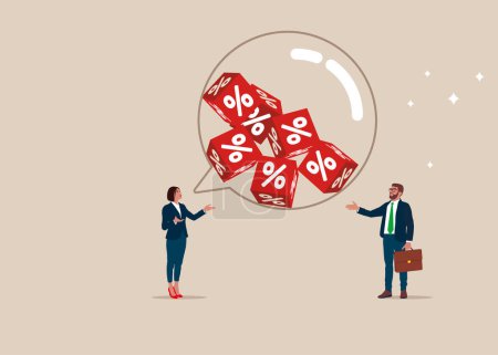 Illustration for Partners have lively discussion. Speech bubble filled with cube blocks with percentage symbol icon. Interest, financial and mortgage rates. Flat vector illustration - Royalty Free Image