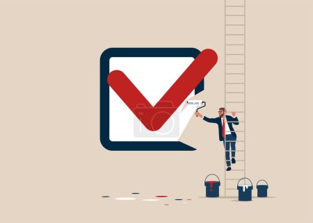 Illustration for Global business investment. Businessman climb up ladder to paint a big checkbox. Business negotiation and agreement. Symbol of communication. Vector illustration - Royalty Free Image