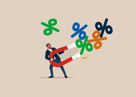 Illustration for Businessman using magnet to magnetize percentage. Interest, financial and mortgage rates. Vector illustration - Royalty Free Image