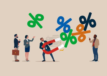 Illustration for Business people using magnet to magnetize flying percentage. Interest, financial and mortgage rates. Vector illustration - Royalty Free Image