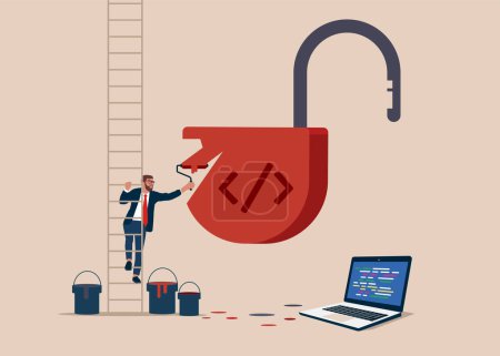 Illustration for Software engineer climb up ladder to paint a unlock lock. Open source programming. Vector illustration. - Royalty Free Image