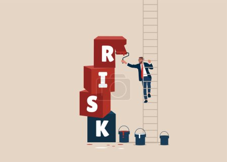 Businessman paint a block cubic stacking up with on stack with the word RISK. Flat vector illustration