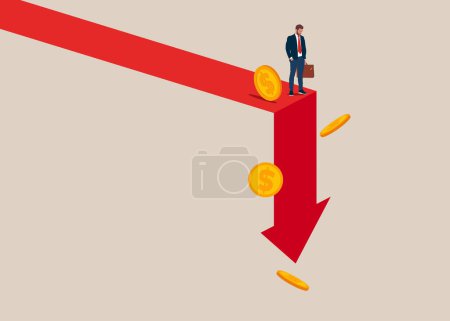 Economy collapse. Financial instability and stock market crash. Investor falling from stack of unstable money. Vector illustration.
