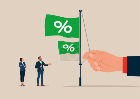Illustration for Business people raises a flag with a percentage symbol to the top of a pole. US Fed raises interest rates. Vector illustration - Royalty Free Image
