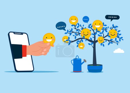 Illustration for Hand businessman with phone picking positive feedback from tree. Good review, high ratings. Vector illustration - Royalty Free Image