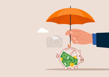 Ilustración de Inversor de mano con su alcancía dinero de seguridad cubierto por un gran paraguas. Ilustración vectorial plana - Imagen libre de derechos