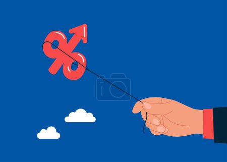 Illustration for Hand struggles with inflated interest rate balloon. Vector illustration. - Royalty Free Image