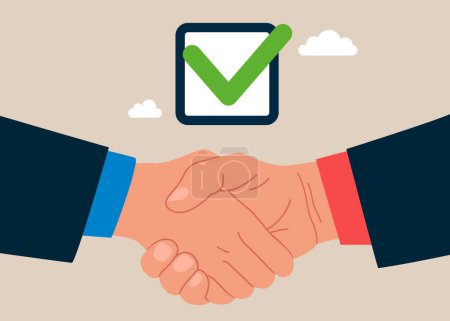 Illustration for Successful handshake completed checkbox. Flat vector illustration - Royalty Free Image