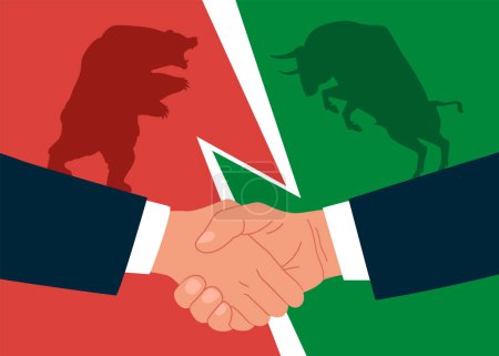 Illustration for Bear and Bull fighting. Handshake. Diplomacy, contract signing. Vector illustration in flat style - Royalty Free Image