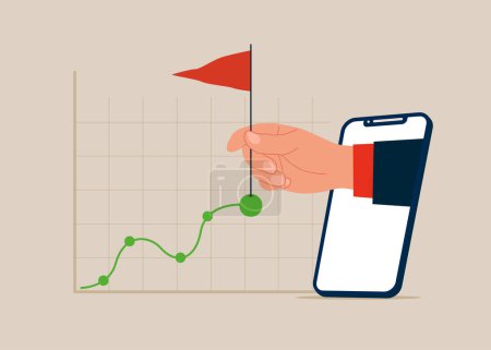 Illustration for Hand with smartphone holding success flag on top of graph. Increase profit sales. Vector illustration in flat style - Royalty Free Image