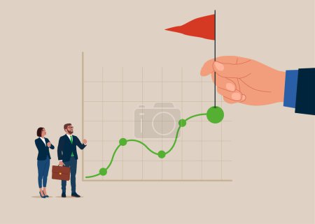 Illustration for Business people and big hand holding success flag on top of graph. Vector illustration - Royalty Free Image
