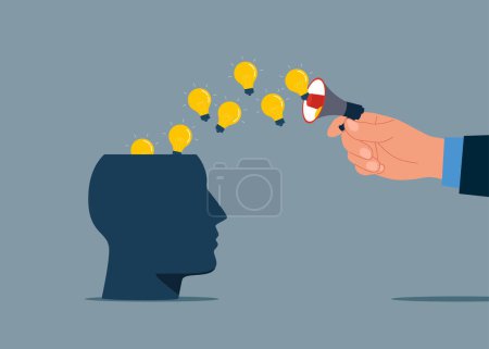 Illustration for Hand holding a loudspeaker sending bulbs to head. Attracting attention. Modern vector illustration in flat style - Royalty Free Image