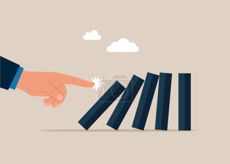 Illustration for Finger pushing falling domino to make bigger one fall. Easy way to win business success. Vector illustration - Royalty Free Image